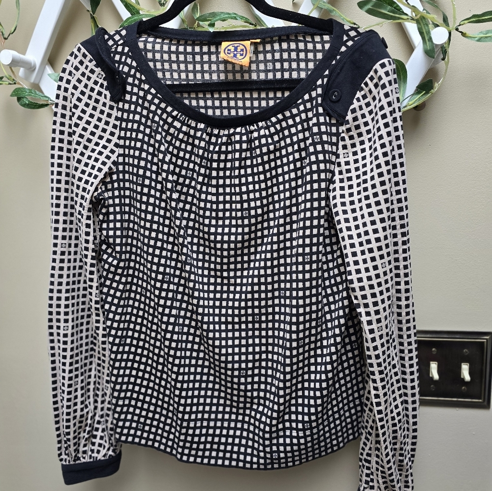 Tory Burch Silk/Cotton Blend Logo Print Blouse Sz M